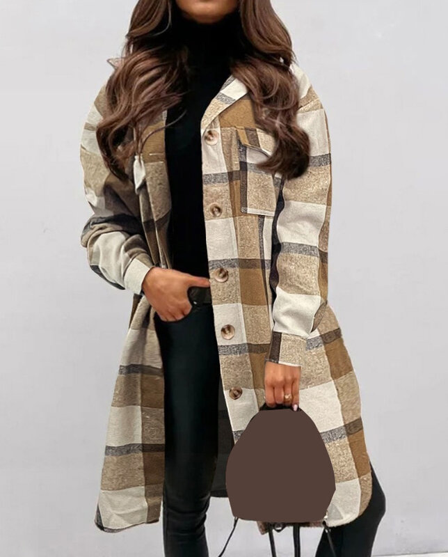 2023 Autumn Winter Spring New Fashion Casual Pocket Design Plaid Print Longline Shacket Coat Top Female Clothing Outfits