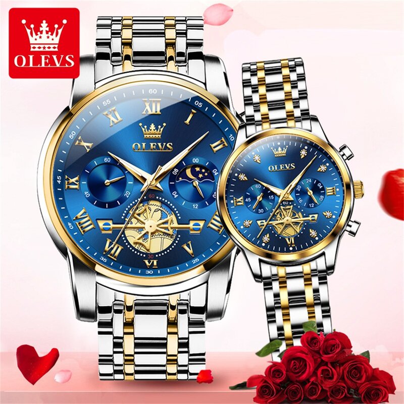 OLEVS-Montre à quartz chronographe en acier inoxydable étanche pour hommes et femmes, marque de luxe, mode pour les amoureux, phase de lune, couple