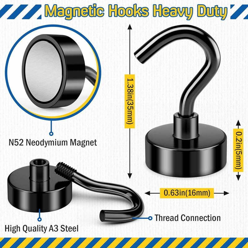 Magnetic Hooks,  Black Magnet Hooks Strong Neodymium Magnets with Hooks, Small Metal Magnetic Hooks for Refrigerator，Locker