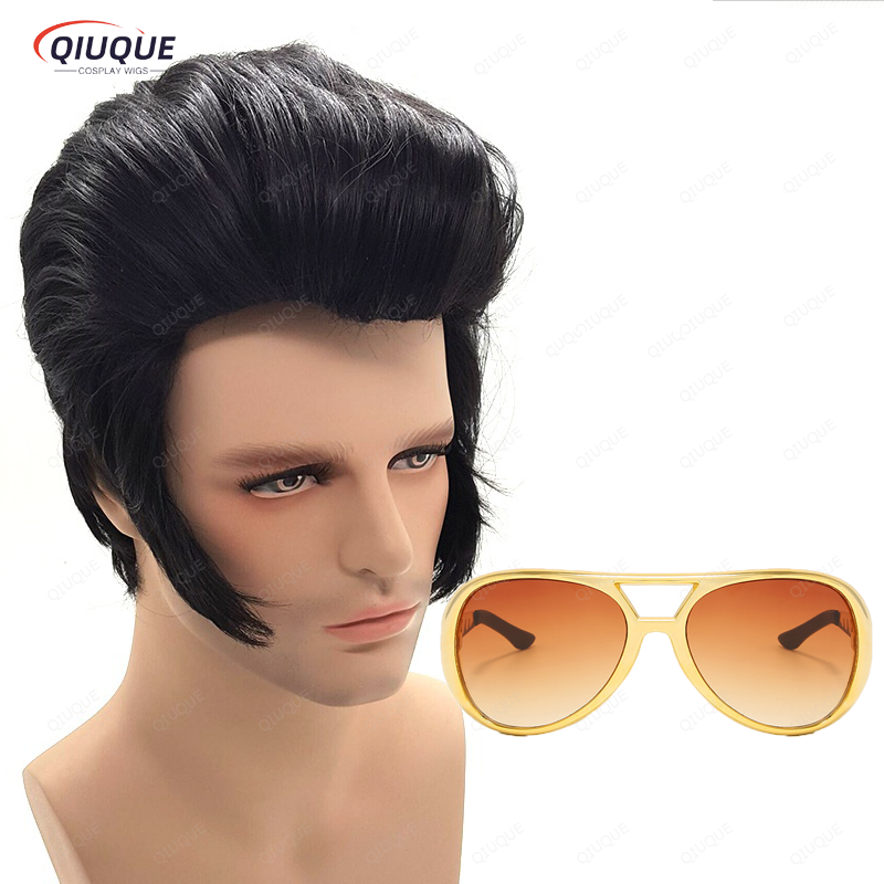 Baru! Wig Cosplay Elvis penyanyi Rock pria, wig pesta rambut sintetis tahan panas hitam Elvis + topi Wig