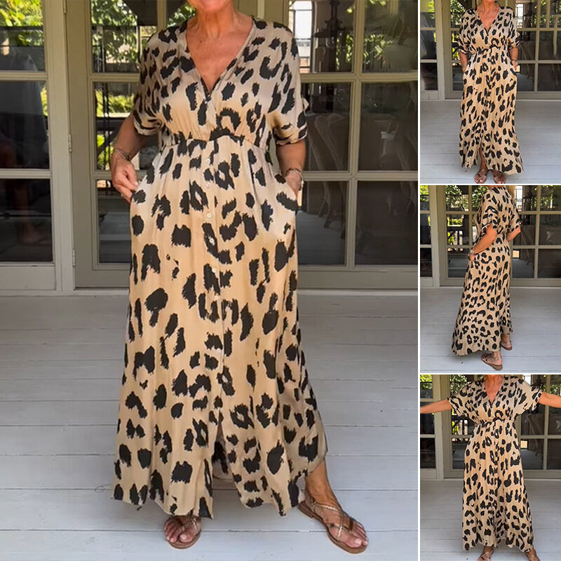 Женское платье с леопардовым принтом, повседневное свободное платье макси с глубоким V-образным вырезом и разрезом, лето 2024