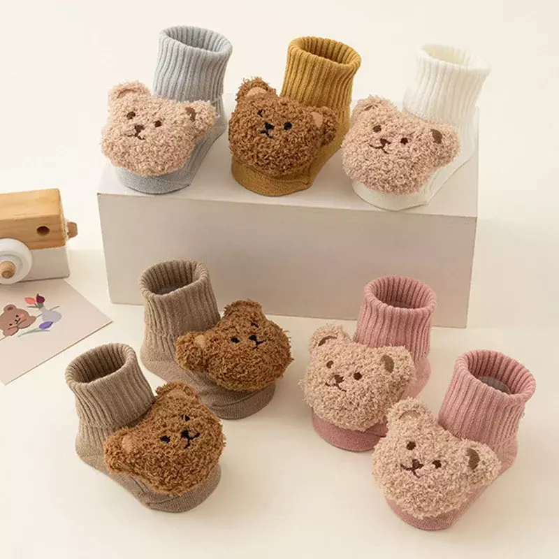 Calcetines de oso de dibujos animados para niño y niña, calcetín antideslizante de algodón suave para recién nacido, cálido y grueso, Invierno