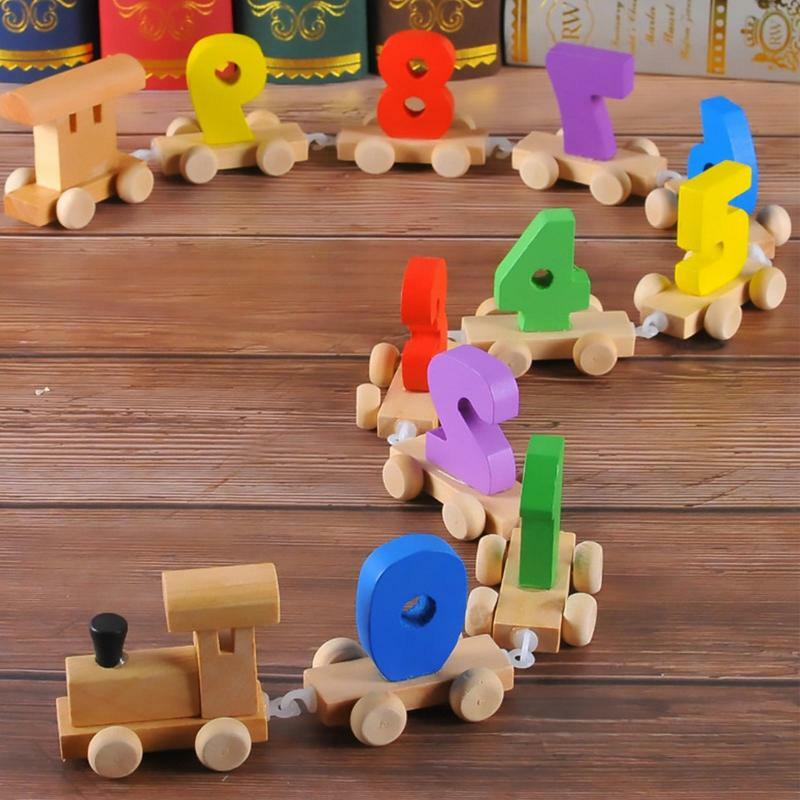 Juguete de tren con número para niños, Set de 12 piezas de accesorios de vías de tren con número, de madera, Montessori, educativo
