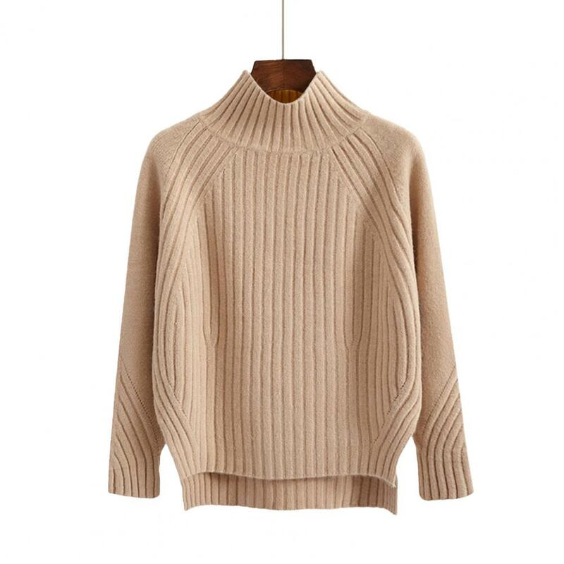 Sweater rajut nyaman wanita, Sweater rajutan kerah setengah tinggi longgar, Hem musim dingin untuk kehangatan untuk wanita