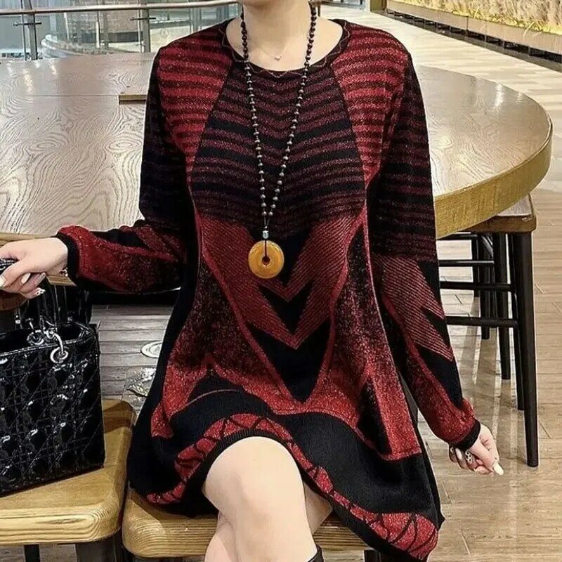 Lässige geometrische Mode helle Seiden pullover Herbst Winter Langarm weibliche Kleidung Rundhals ausschnitt koreanische Midi Strick pullover