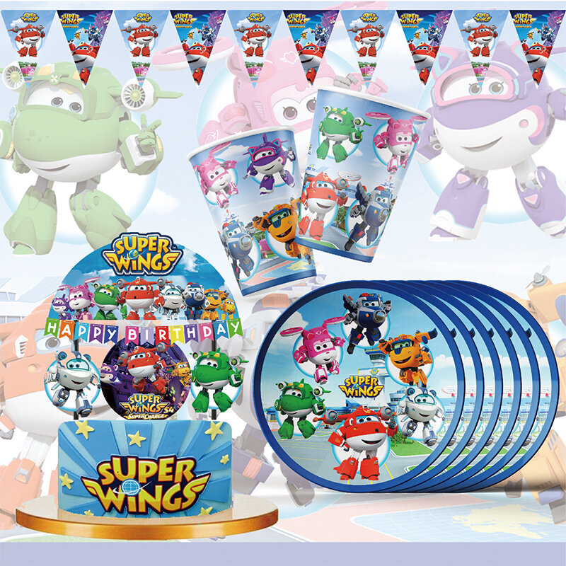 Super Wings Birthday Party Decorações, Suprimentos de Talheres Descartáveis, Paper Cup Plate, Foil Balloon, Embalagem para Meninos e Meninas