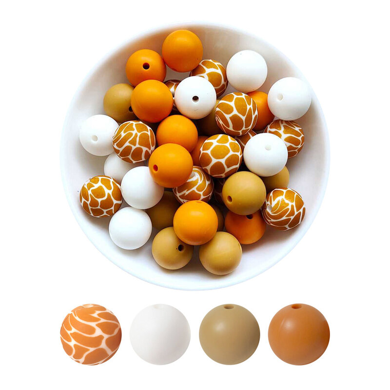 15mm 20Pcs Silicone Beads Round Print Food Grade Teething Beads for Baby Toy Soft Chew Teething DIY Pacifier Clips Necklace