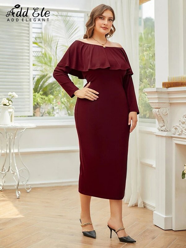 Dodaj elegancki Plus rozmiar ołówkowa sukienka Bodycon kobiety 2022 jesień podmiejskich Ruffles głęboki dekolt stylowa odzież z długim rękawem B767