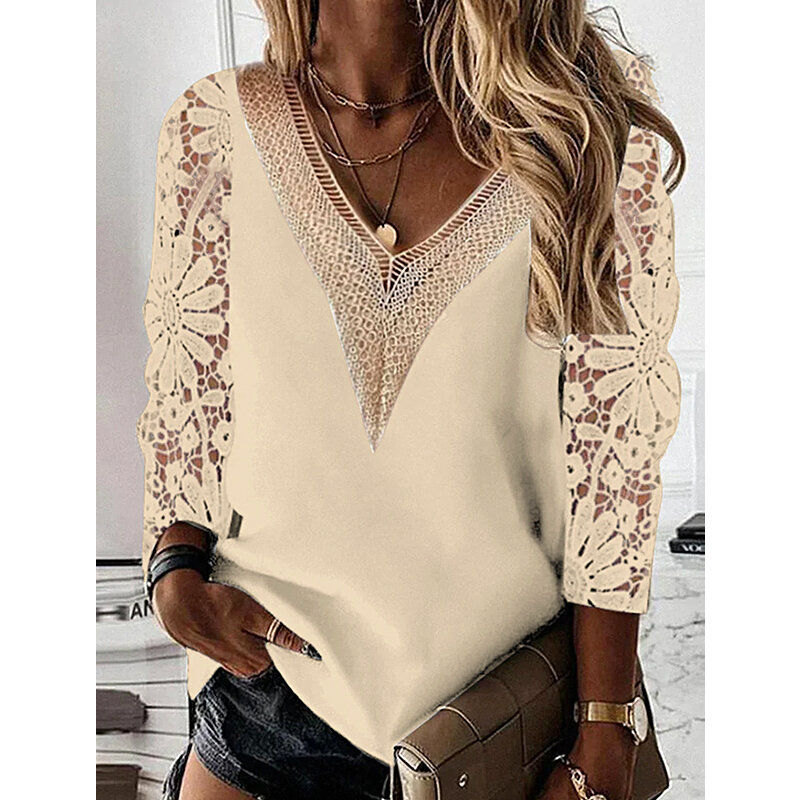 2023 Spring Jacquard Embroidery Flower Lace Top Women's Elegant V-neck Spliced Shirt Spring Hollow Sleeve Street Top Pullover