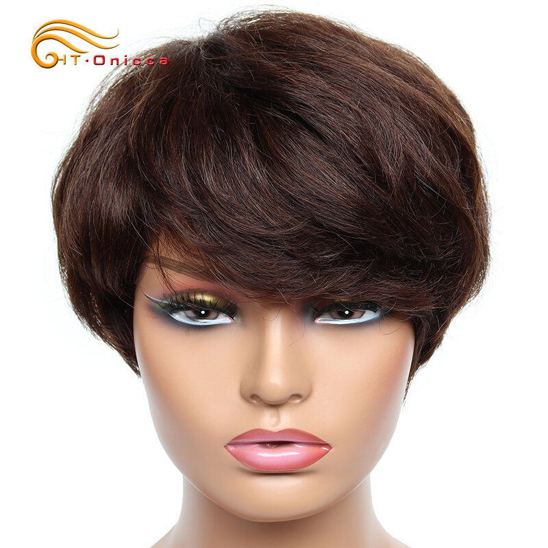 Peruca curta do Bob Pixie para mulheres, perucas baratas de cabelo humano, cabelo brasileiro, peruca colorida com Franja