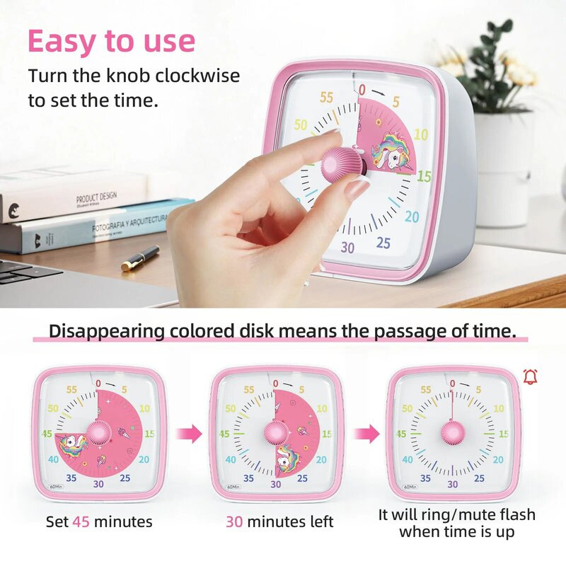 Yunbaoit Visual Timer with Night Light, 60-Minute Countdown Timer for Kids and Adults, Silent Classroom Timer for Home, School
