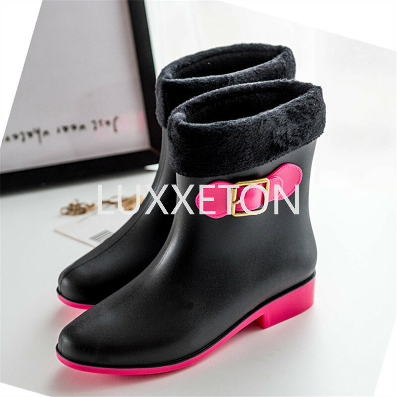 PVC Rubber Rainboots Woman Glossy Solid Color Autumn 2023 Female Waterproof  Rain Boots  Casual Shoes Thick Heel Rainboots Lady
