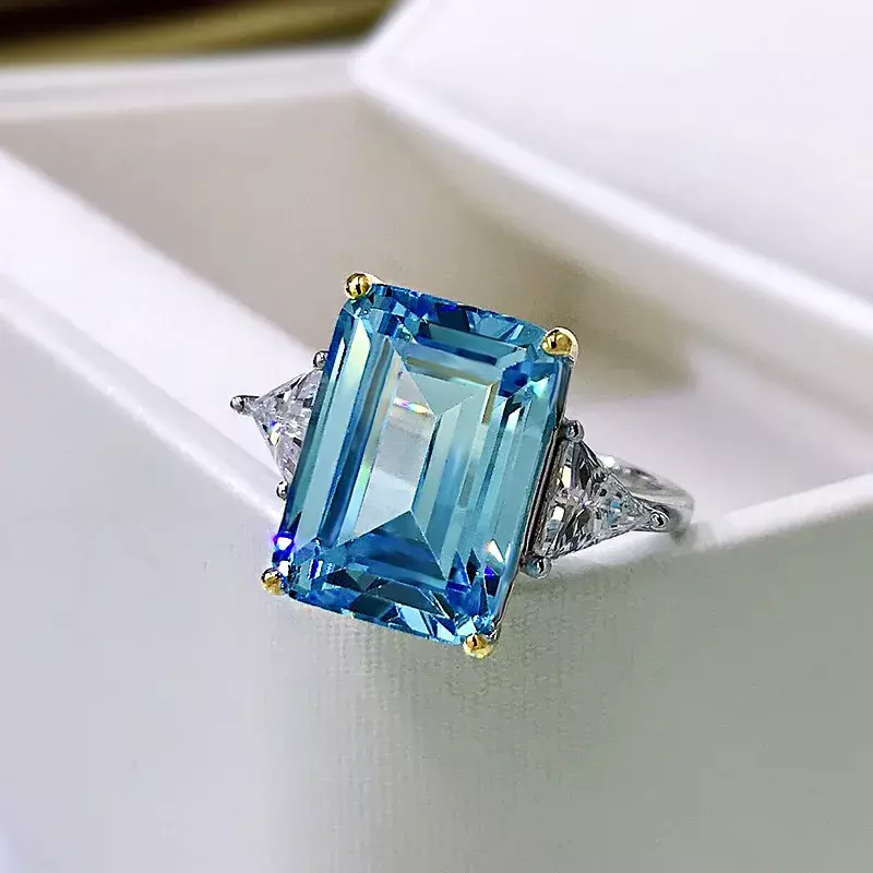 Lusso 100% 925 vero argento 10*14mm acquamarina anelli di diamanti ad alto tenore di carbonio per le donne gemma fede nuziale festa regalo di gioielleria raffinata