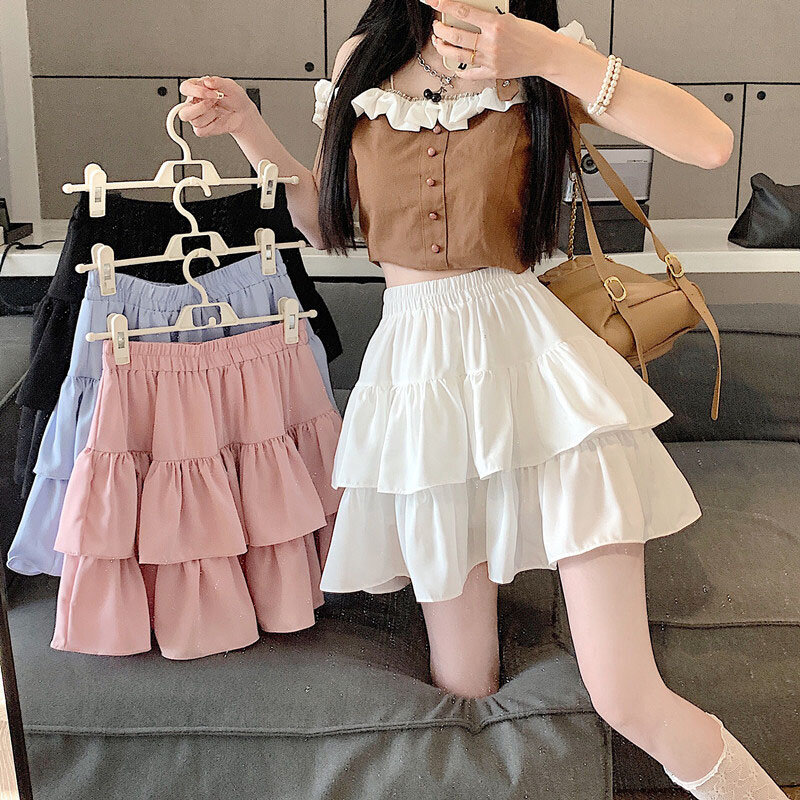 Black High Waist Mini Skirts Women Korean Kawaii Balletcore Cake Skirt Y2K Summer Fashion Patchwork Lolita A-Line Ruffle Skirts