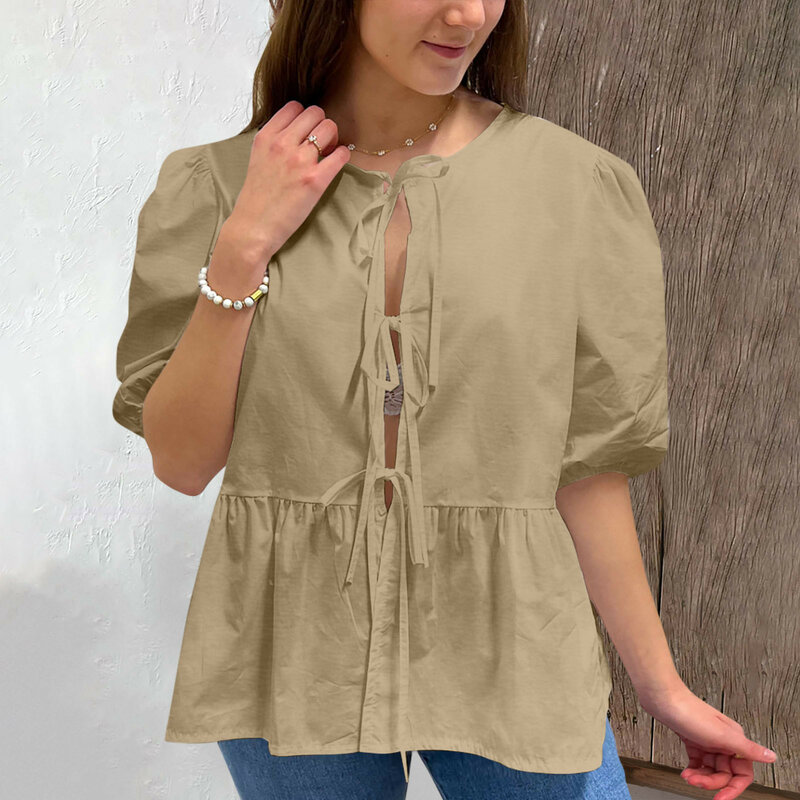 女性用パフスリーブTシャツ,単色ラウンドネックTシャツ,女性用ストリートアウター,夏,2024