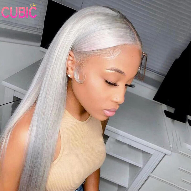 13x4 Glueless Sliver Grey Colored Straight Lace Front Human Hair Wigs HD Transparent Lace Frontal Human Hair Wig Pre Plucked