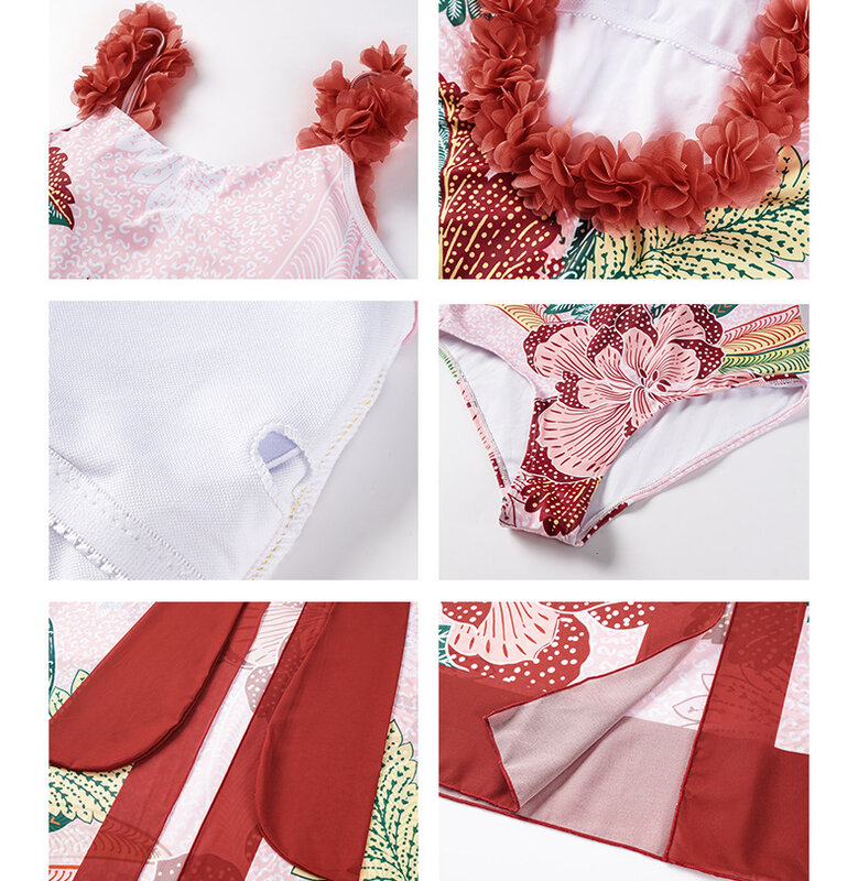 Maiô feminino de biquíni estampado em flores 3D com saia, vestido de praia luxuoso, biquíni de cintura alta, maiô vintage, 2022