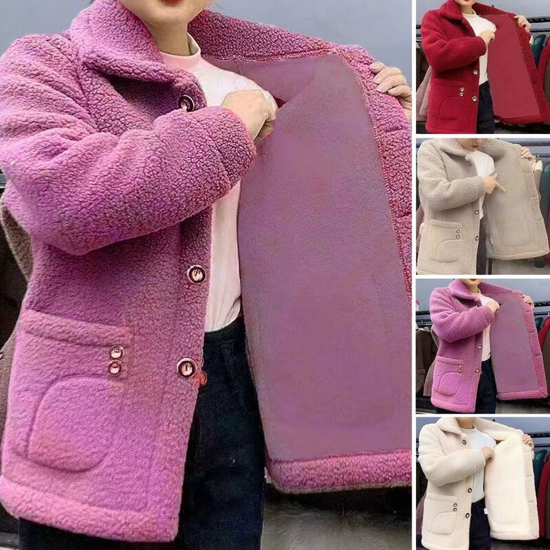Women Solid Color Coat Thick Winter Coat Vintage Lapel Women's Winter Coat with Plush Lining Warm Stylish Outdoor Jacket