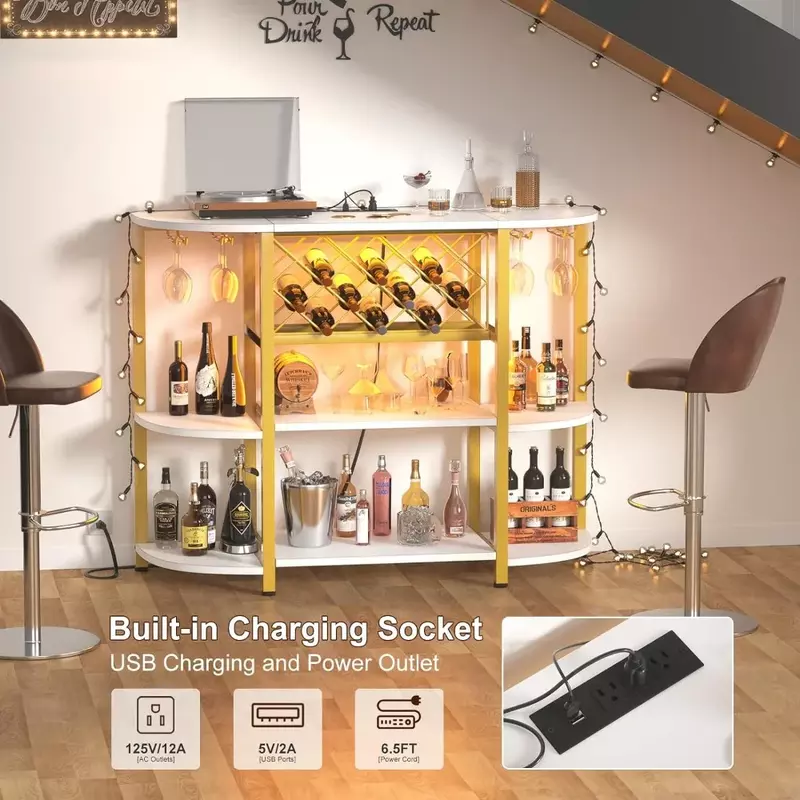 4-Tier Metal Coffee Bar Cabinet with Outlet and LED Light, Freestanding Floor Bar Table for Liquor