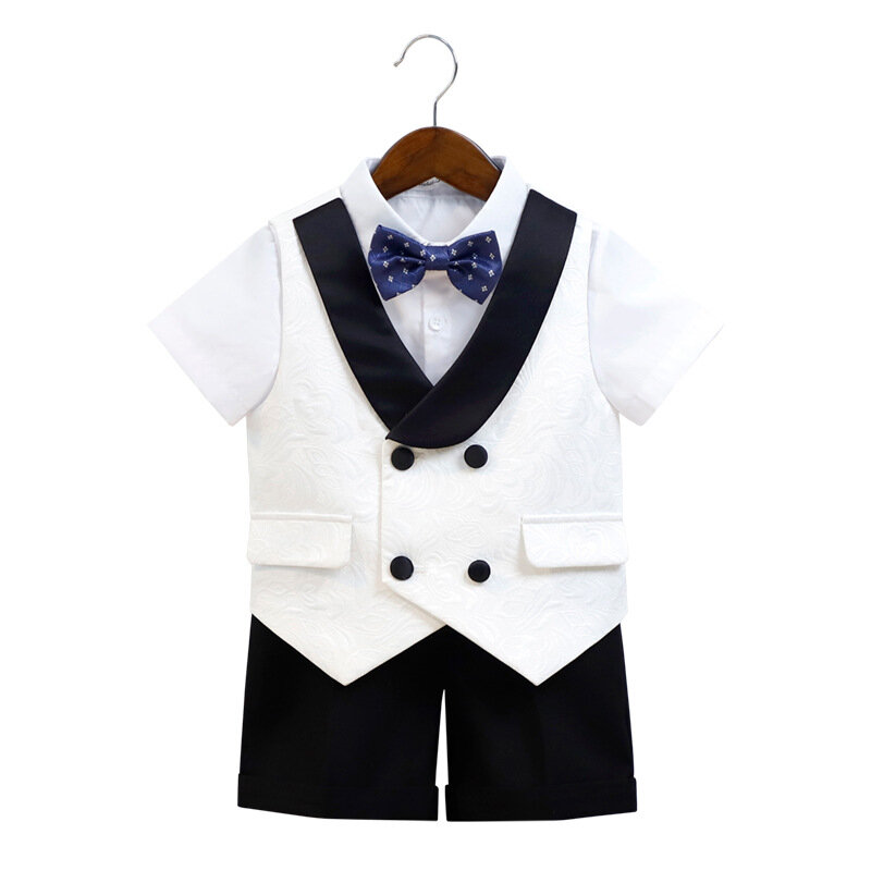 Prince Boys White Soft Breathable Photography Suit Children Vest Shirt Shorts Bowtie Birthday Costume Kids Wedding Party Dress