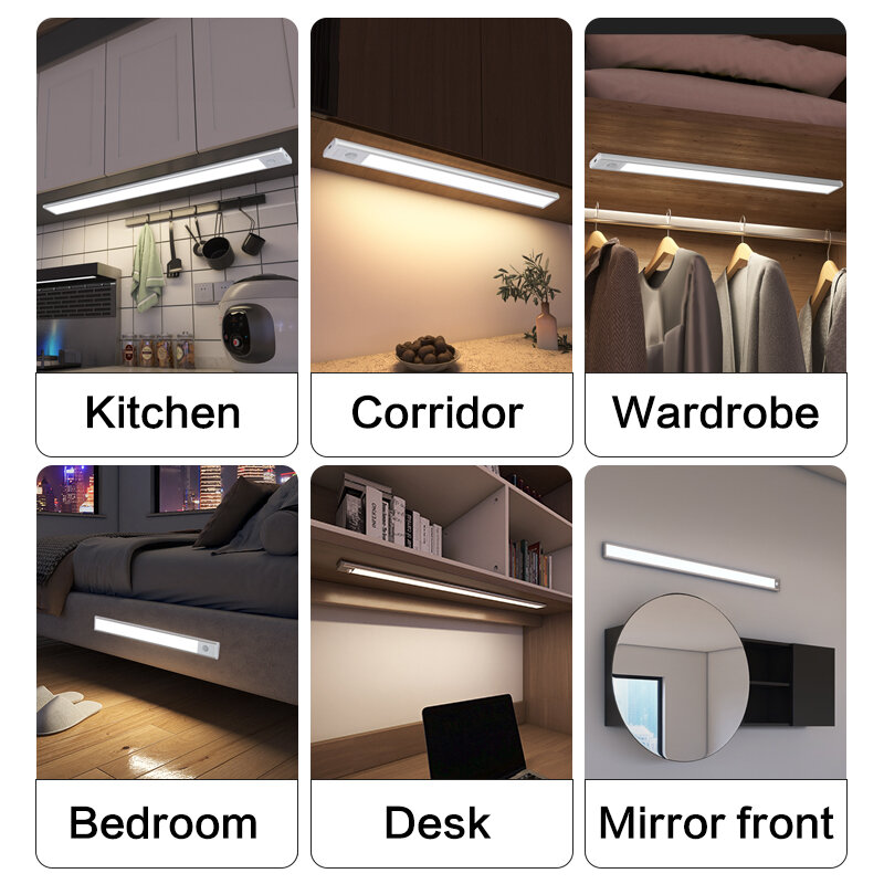 Motion Sensor Luz do armário, ultra-fino LED, 3-tone Light, iluminação contrária, magnético, USB recarregável, cozinha Night Light, 1pc