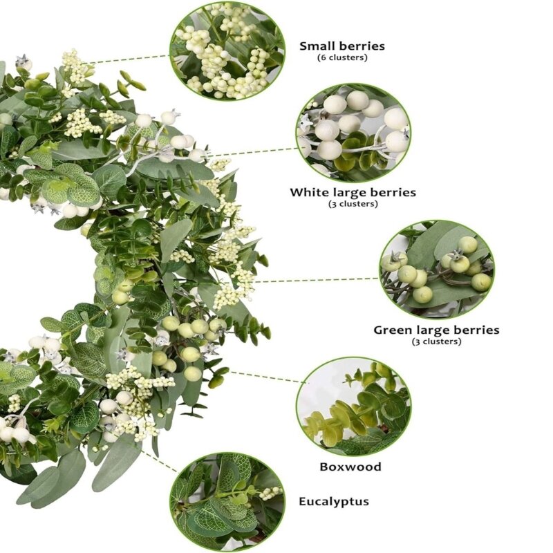 Gemischte künstliche runde Eukalyptusblätter, Beeren und Blumen für Vasen, Blumenkränze, Blumensträuße, Hochzeit, grüne