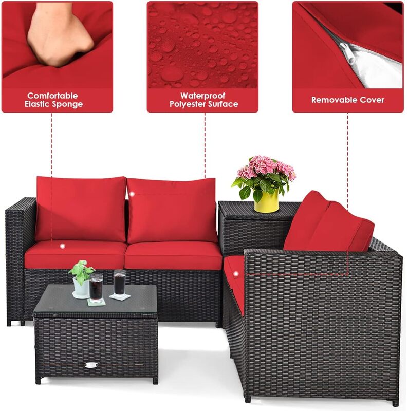 Набор уличной мебели для патио из 4 предметов, устойчивый к атмосферным воздействиям ротанговый полиэтилен, семейный набор с удобными подушками