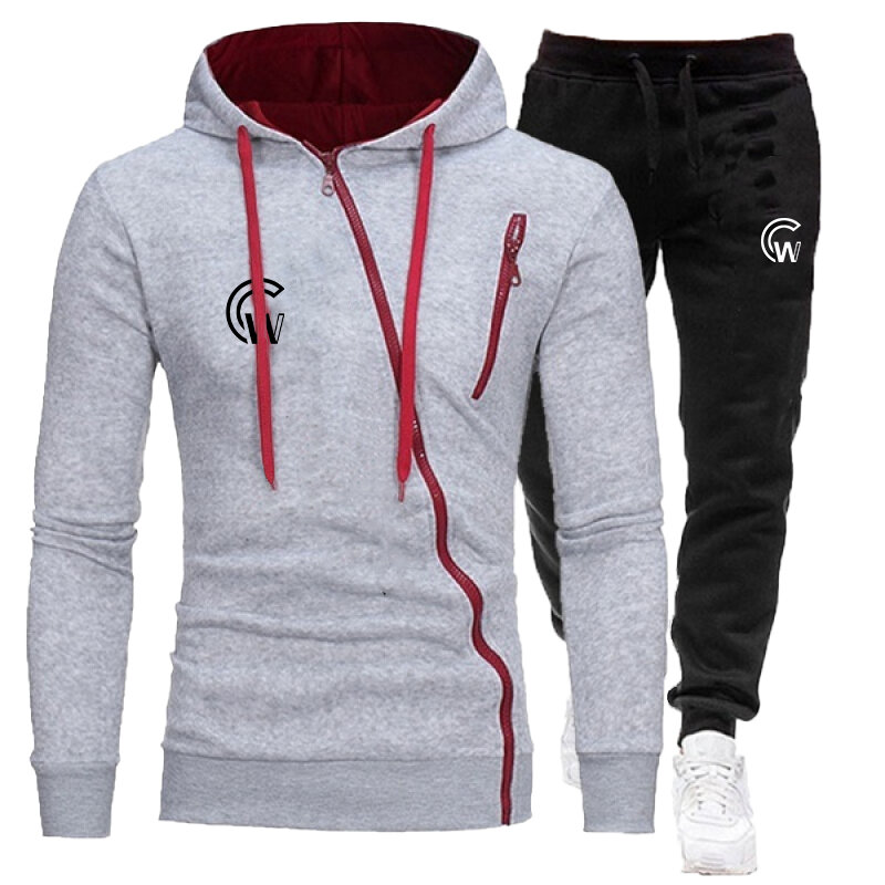 2023 Men's Diagonal Zipper Hoodie Set Fashionable Sportswear Hoodie+Pants Two piece Athletic Track and Field Running Set