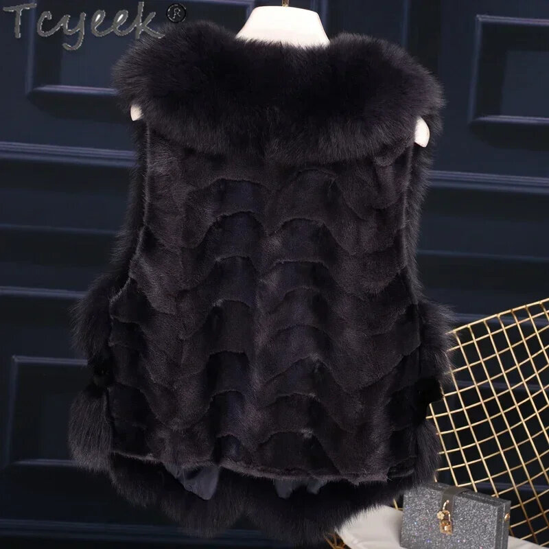 Real Tcyeek Mink Fur Vest Natural Coat Women 2024 V-Neck Sleeveless Top New in Outerwear Winter Women's Jacket Short