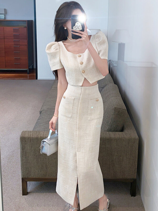 2024 New Summer Small Fragrant Women 2 Pieces Set Tweed Suit Single-Breasted Short Coats + Sexy Bodycon Long Skirts Lady Clothes