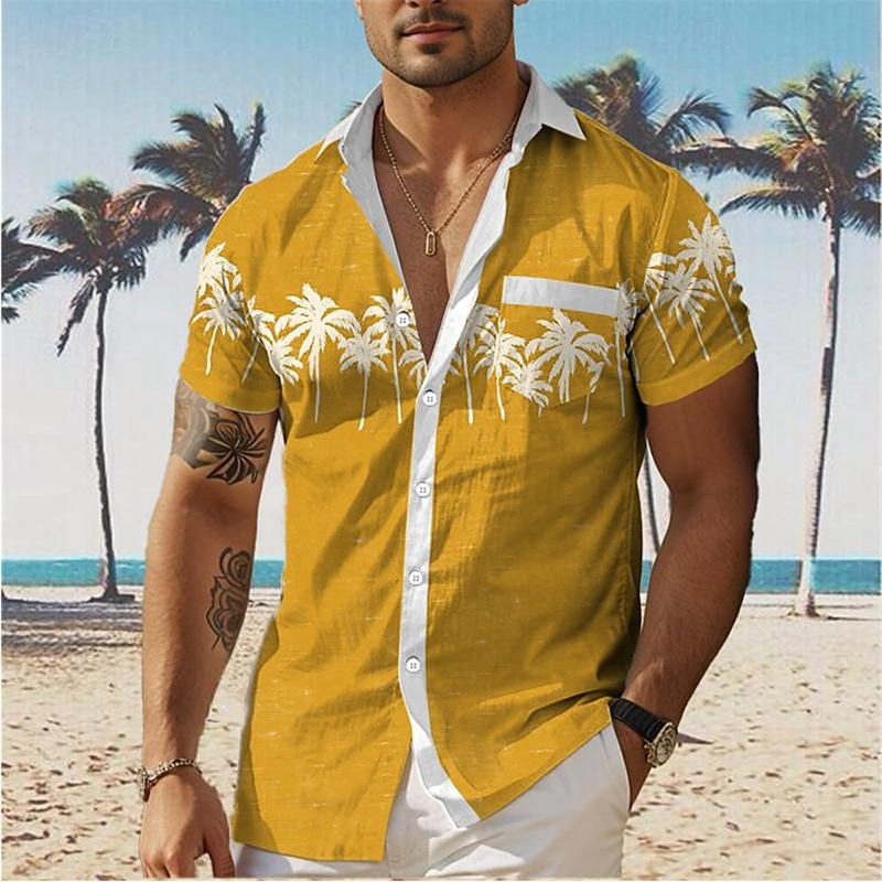 男性用ハワイアンシャツ、ココナッツツリーパターン、半袖、ボタンアップ服、カジュアルビーチシャツ、ファッション