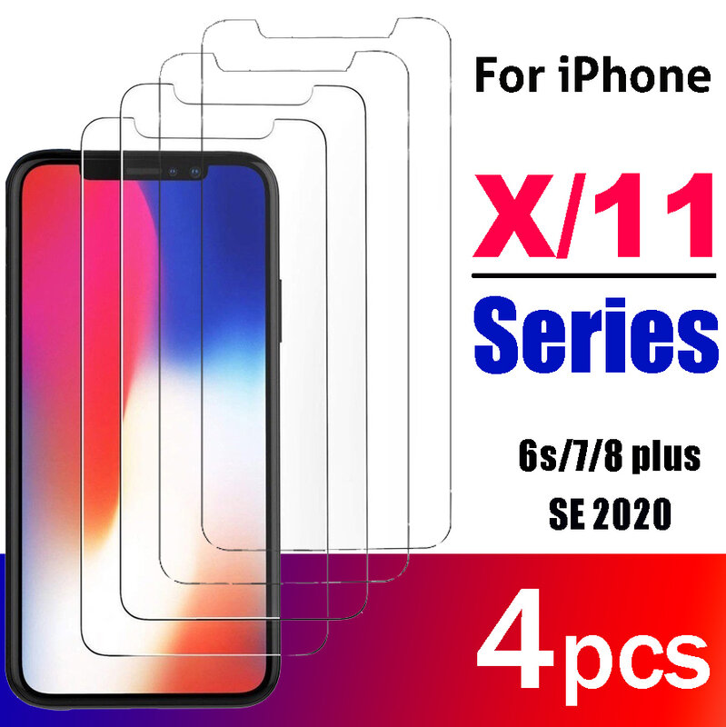 아이폰 X XS 11 프로 맥스 XR 6 7 8 플러스 SE용 강화 유리 화면 보호기, 2020 유리 화면 커버 가드 프로텍터, 4 개, 2 개