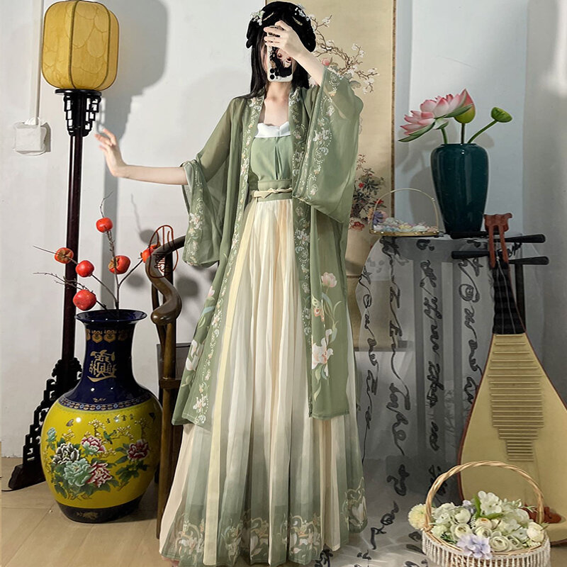 중국 패션 한푸 드레스, 티 그린 플로잉 드레스, 중국 고대 여성 자수 드레스, 졸업생 촬영용 의상, 3 개 세트