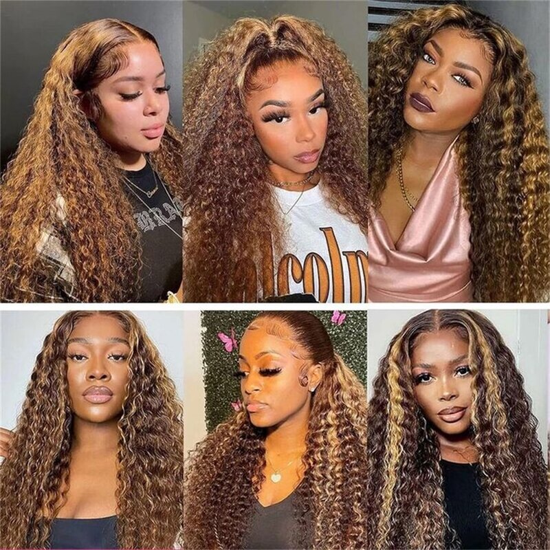 13x4 HD Curly Highlight Honey Blonde Color Lace Front Human Hair Deep Wave Lace Front Wig Brazilian 180% Density For Black Women