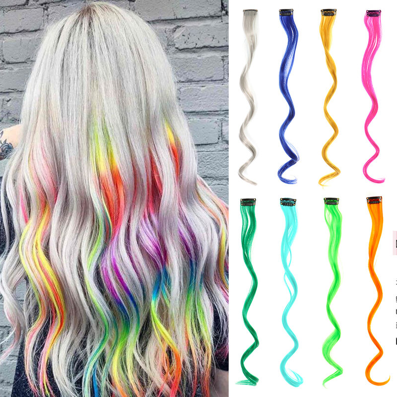 22inch Synthetic Hair Extensions With One Clip Heat Resistant Rainbow Hair Piece For Kid Women Long Curly Wavy Style Colorful Ha