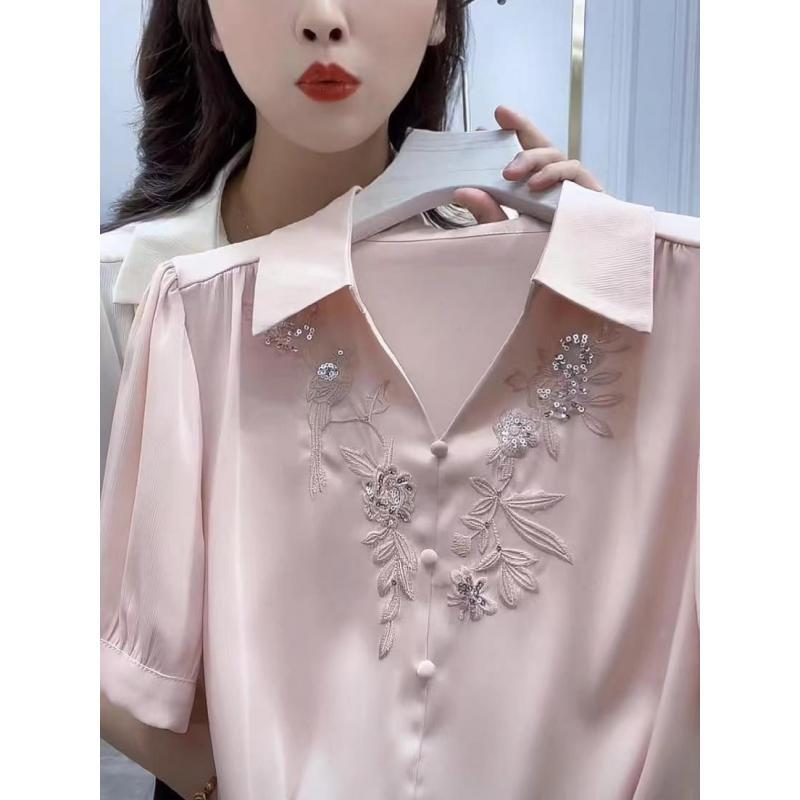 Fashion Polo-Neck Chic embroidery Sequin Blouse Women's Clothing Summer Loose Female Solid Color All-match Short Sleeve Shirt