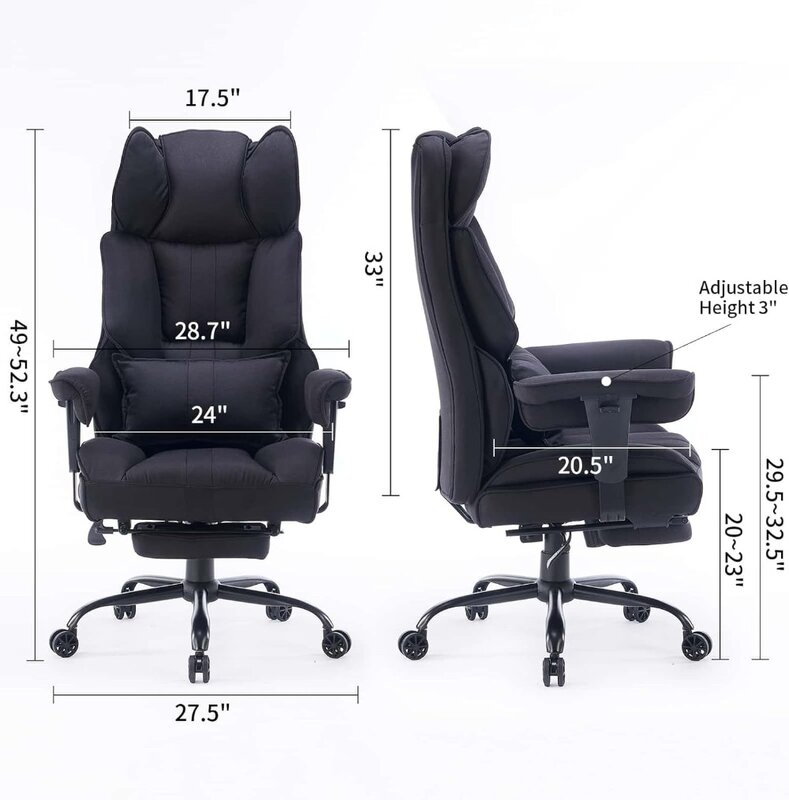 Chaise de bureau en tissu, chaise de bureau grande et haute d'une capacité de poids de 400 lb, chaise de bureau à dossier haut avec assistance pieds
