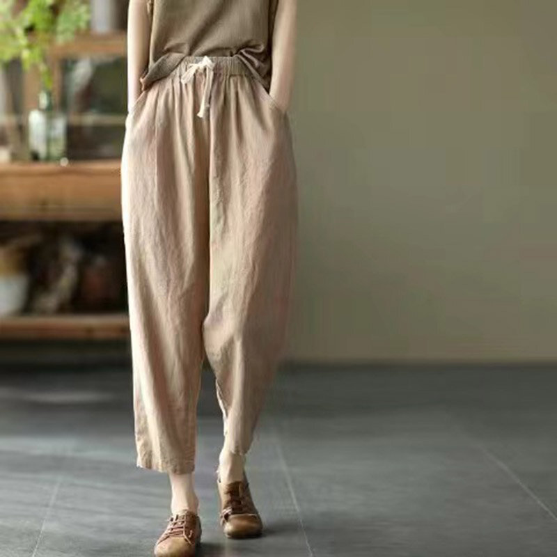 NEW 2024 Women Summer Cotton Pants Casual Elastic Waist Harem Pant Korean Loose Thin Comfortable Ankle-Length Linen Trousers