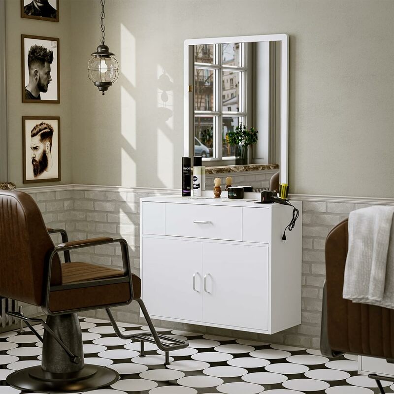 Paddie stasiun Salon pasang dinding, dengan cermin, stasiun penata rambut, peralatan Salon Spa dengan pemegang peralatan/laci