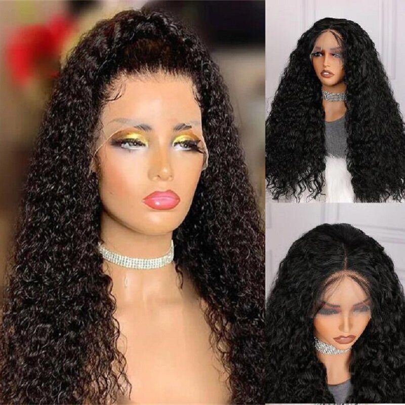 Long Kinky Curly Lace Front Wig para mulheres negras, cabelo do bebê, Glueless, Preplucked, resistente ao calor, macio, preto, diariamente, 180 Densidade, 26"