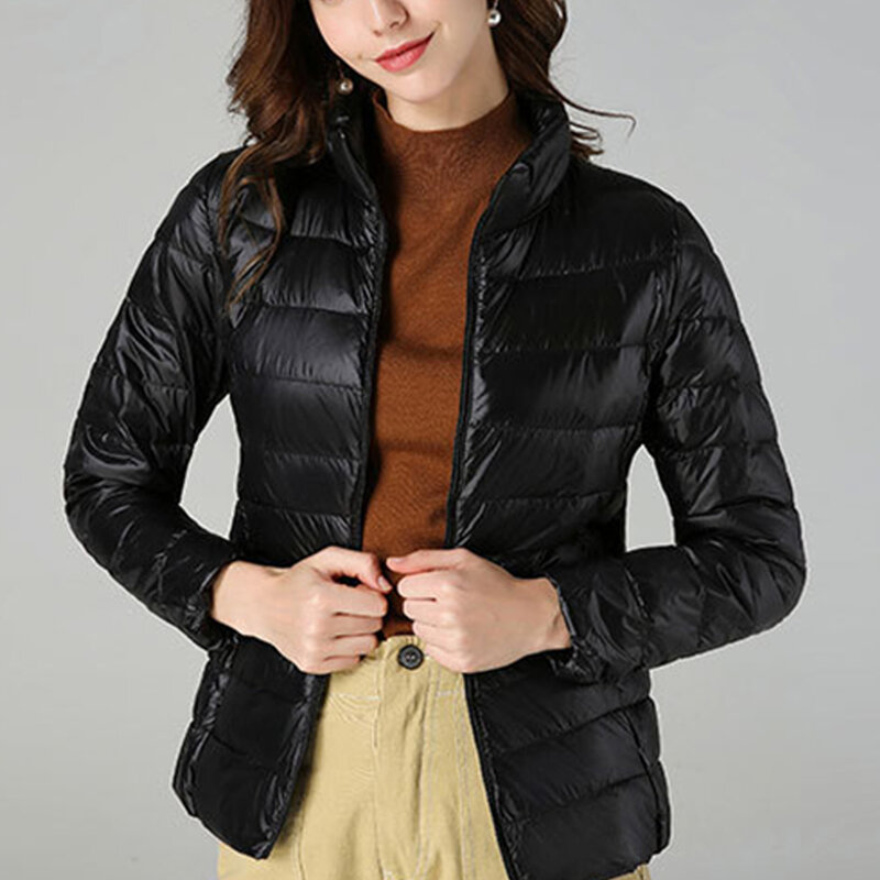Jaket kerah berdiri bertudung mewah wanita, jaket hangat warna polos ukuran besar untuk pergi belanja