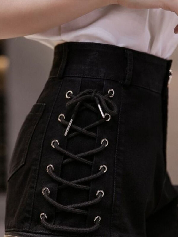 QWEEK Denim Bandage Sexy Cargo Shorts Women 2024 Spring Summer Gothic Harajuku Streetwear Side Leg Pants