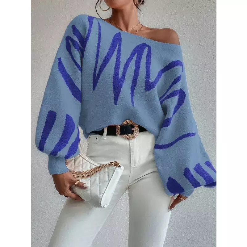 Женский свободный вязаный пуловер, повседневный элегантный модный свитер с рукавами-фонариками, индивидуальный стиль