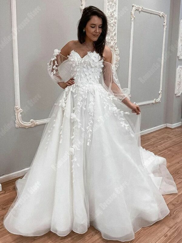 Elegant Bohemia Women Wedding Dresses Glitter Tulle Bridal Gowns Mopping Length Flower A Line Princess Vestidos De Novias 2024