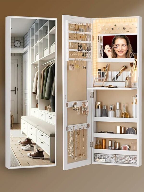 LUXFURNI-armario con espejo para joyería, organizador con almacenamiento, para colgar en la puerta, montado en la pared, con maquillaje iluminado