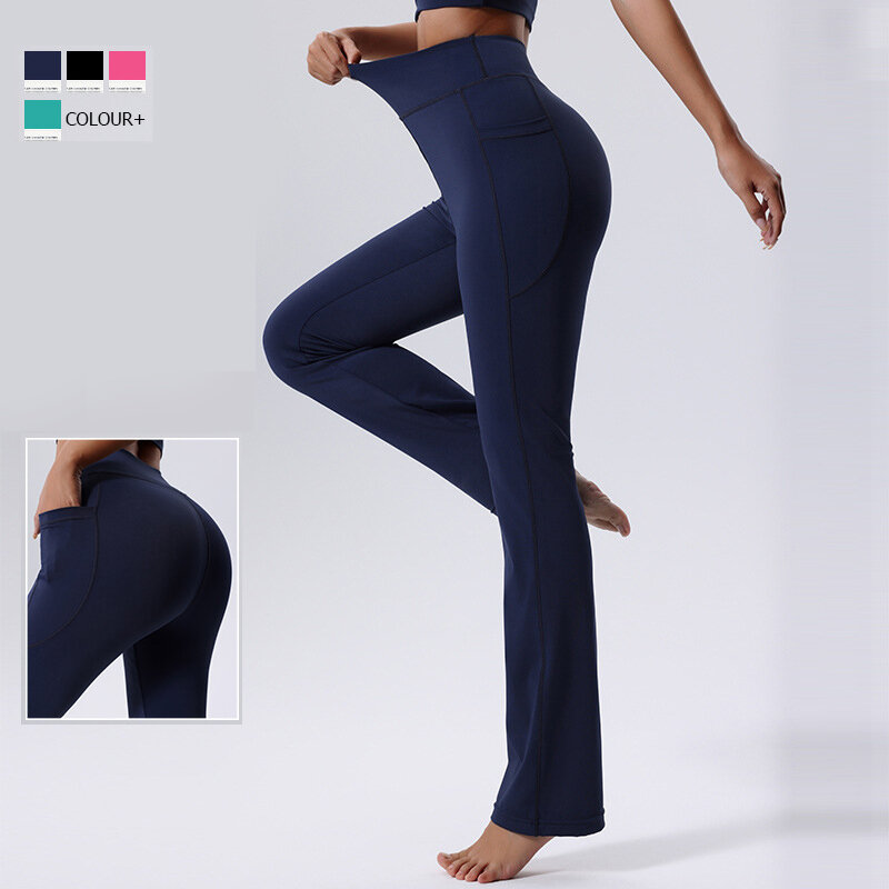 Women High Waist Yoga Pants Solid Color Side Pocket Flared Trousers Super Stretch Wide Leg Gym Pants Breathable Sportswear