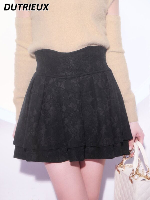 Falda plisada negra japonesa para mujer, patrón oscuro de encaje compuesto, Mini falda de cintura alta Radian, faldas Lolita para niña nueva primavera verano