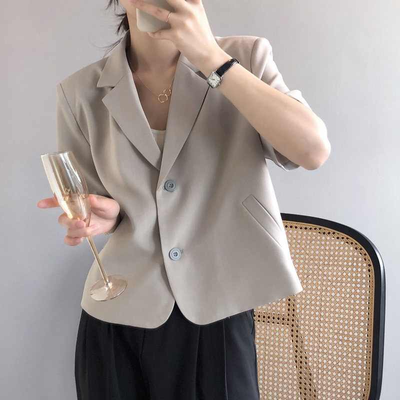 Blazers de manga corta para mujer, estilo coreano fino, moda de ocio, recortado, sólido, combina con todo, holgado, elegante, para oficina