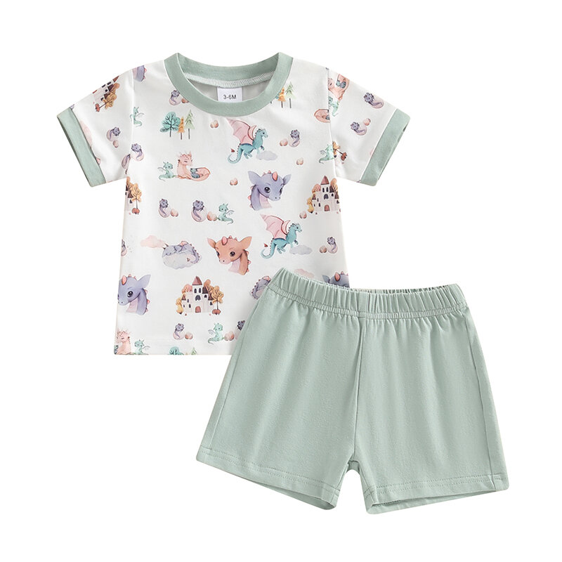 Traje de verano para niño pequeño, camiseta de manga corta con estampado de animales de dibujos animados, pantalones cortos de Color sólido
