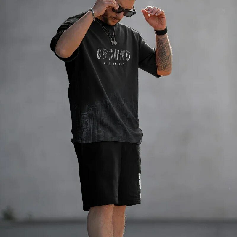 Kurzarm-T-Shirt-Set für Männer neu Sommer City Print Modetrend Slim-Fit Plus Size Sport zweiteiliges Set